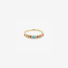 Load image into Gallery viewer, Bague Gaia 3 turquoise or jaune, saphirs roses, rubis, émeraudes et turquoises face
