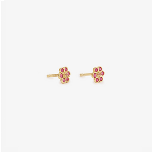 Puces d'oreilles Miniflower 1 rouges, or jaune, rubis et saphirs roses profil