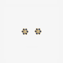 Load image into Gallery viewer, Puces d&#39;oreilles Miniflower 4 bleues, or jaune, saphirs bleus et diamants champagne face
