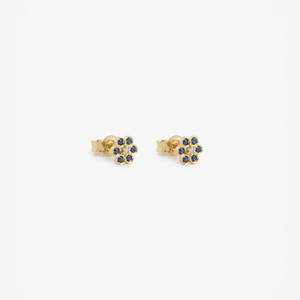 Puces d'oreilles Miniflower 4 bleues, or jaune, saphirs bleus et diamants champagne profil