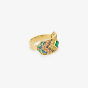 Bague Ani 2 verte, or jaune, diamants noirs, émeraudes, saphirs bleus, jaunes et cognac, Profil