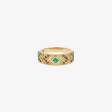 Load image into Gallery viewer, Bague Ani 3 Verte en or 18k avec émeraudes, diamants noirs, saphirs cognacs et jaunes face
