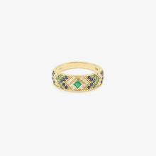 Load image into Gallery viewer, Bague Ani 3 Hydra en or 18k avec émeraudes, saphirs bleu, diamants blancs face
