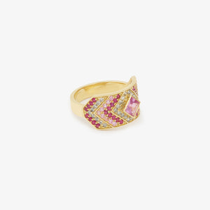 Bague Ani 2 Rose, or jaune, saphirs roses, diamants "salt and pepper", rubis profil