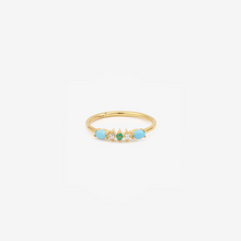 Load image into Gallery viewer, Bague Gaia 6 turquoise or jaune, diamants salt and pepper, turquoises et émeraude face
