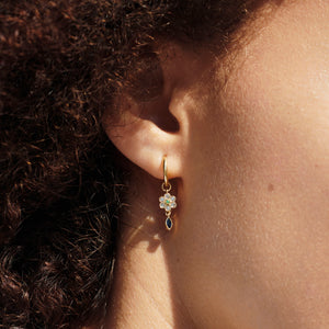 mini boucle d'oreilles miniflower 2 or jaune 18 carats émeraude diamants et saphir bleu porté 1