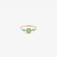 Load image into Gallery viewer, Bague Miniflower 1 turquoise or jaune, émeraudes et turquoise face
