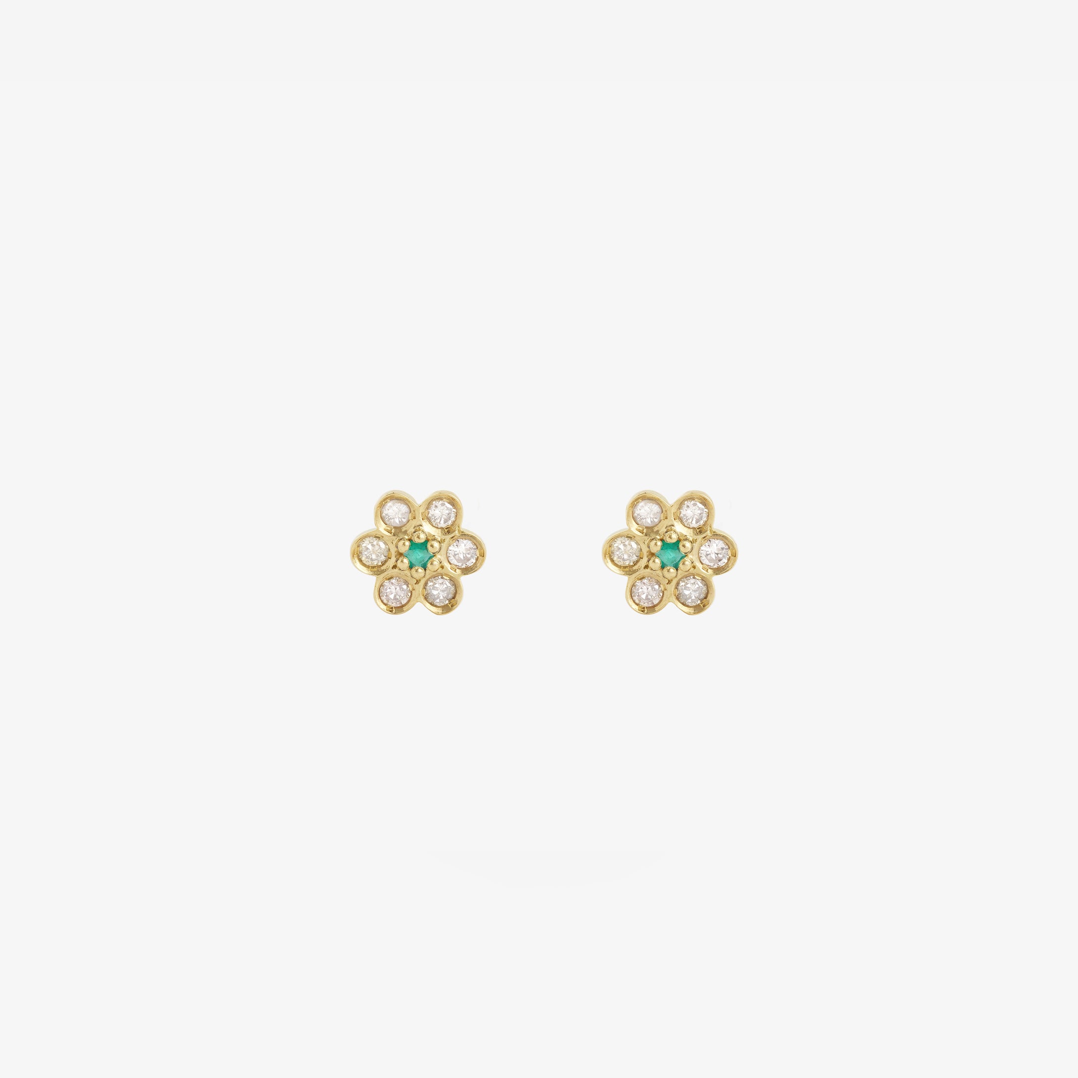 Puces d'oreilles Miniflower 4 brume, or jaune, diamants champagne et émeraudes face