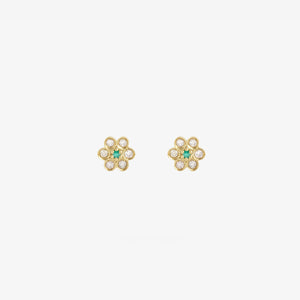 Puces d'oreilles Miniflower 4 brume, or jaune, diamants champagne et émeraudes face