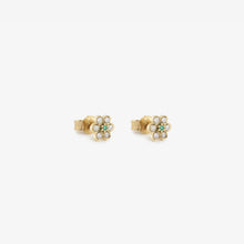 Load image into Gallery viewer, Puces d&#39;oreilles Miniflower 4 brume, or jaune, diamants champagne et émeraudes profil
