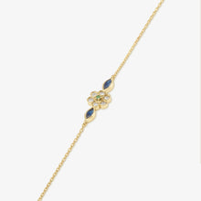 Charger l&#39;image dans la visionneuse de la galerie, Bracelet Miniflower 1 bleu or jaune, diamants salt and pepper, saphirs bleus et émeraude profil
