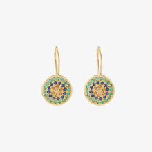 Load image into Gallery viewer, Boucles d&#39;oreilles Yellowstone 3 vertes or jaune, émeraudes et saphirs multicolores face
