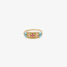 Load image into Gallery viewer, Bague Ava 2 turquoise or jaune, rubis, émeraudes, saphirs roses et turquoises face
