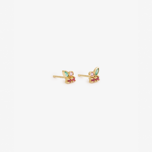 Boucles d’oreilles Camélia or jaune, émeraudes, rubis, saphirs roses profil