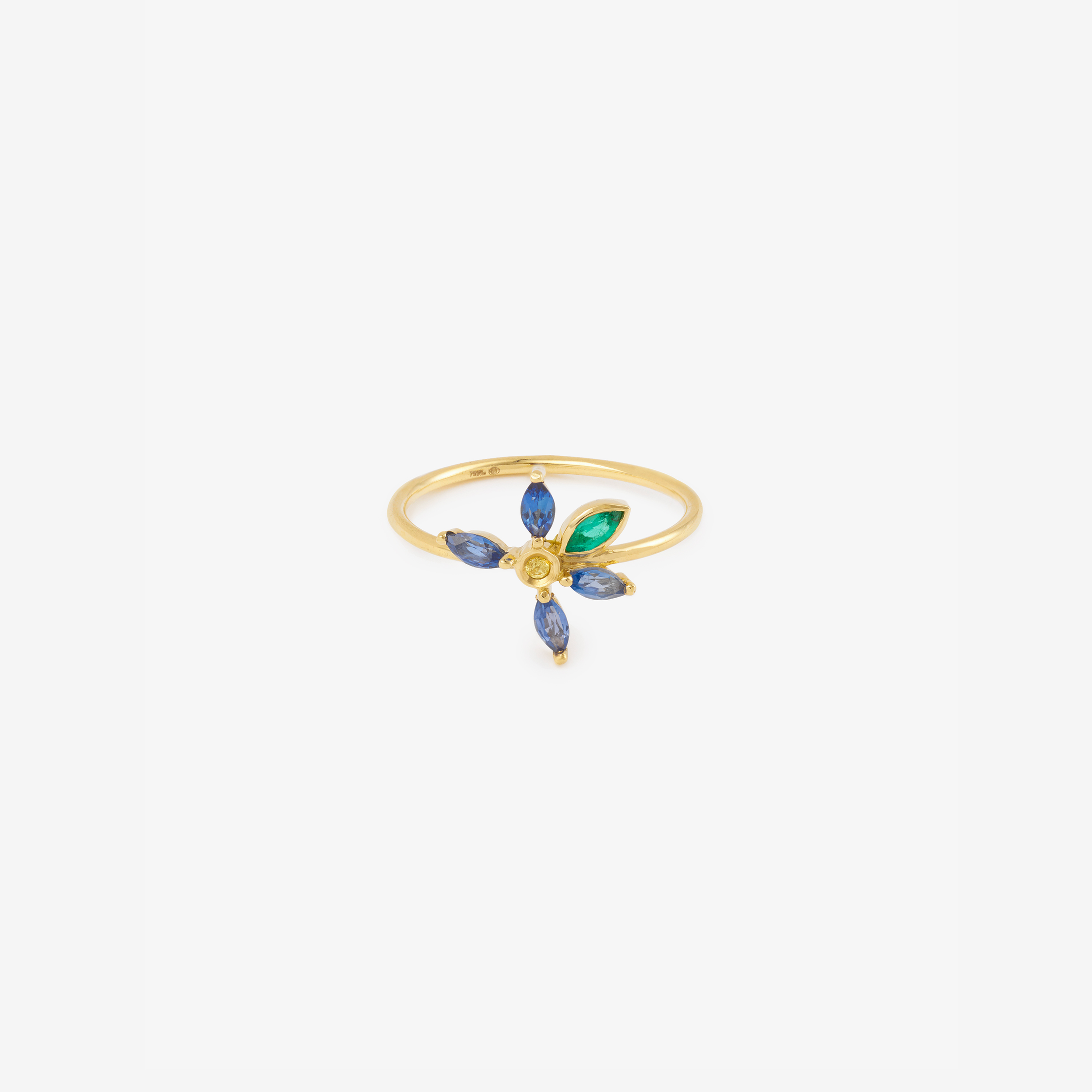 Georgia ring 2 blue, blue sapphires, emerald, yellow sapphires, face
