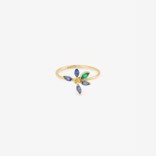 Load image into Gallery viewer, Georgia ring 2 blue, blue sapphires, emerald, yellow sapphires, face
