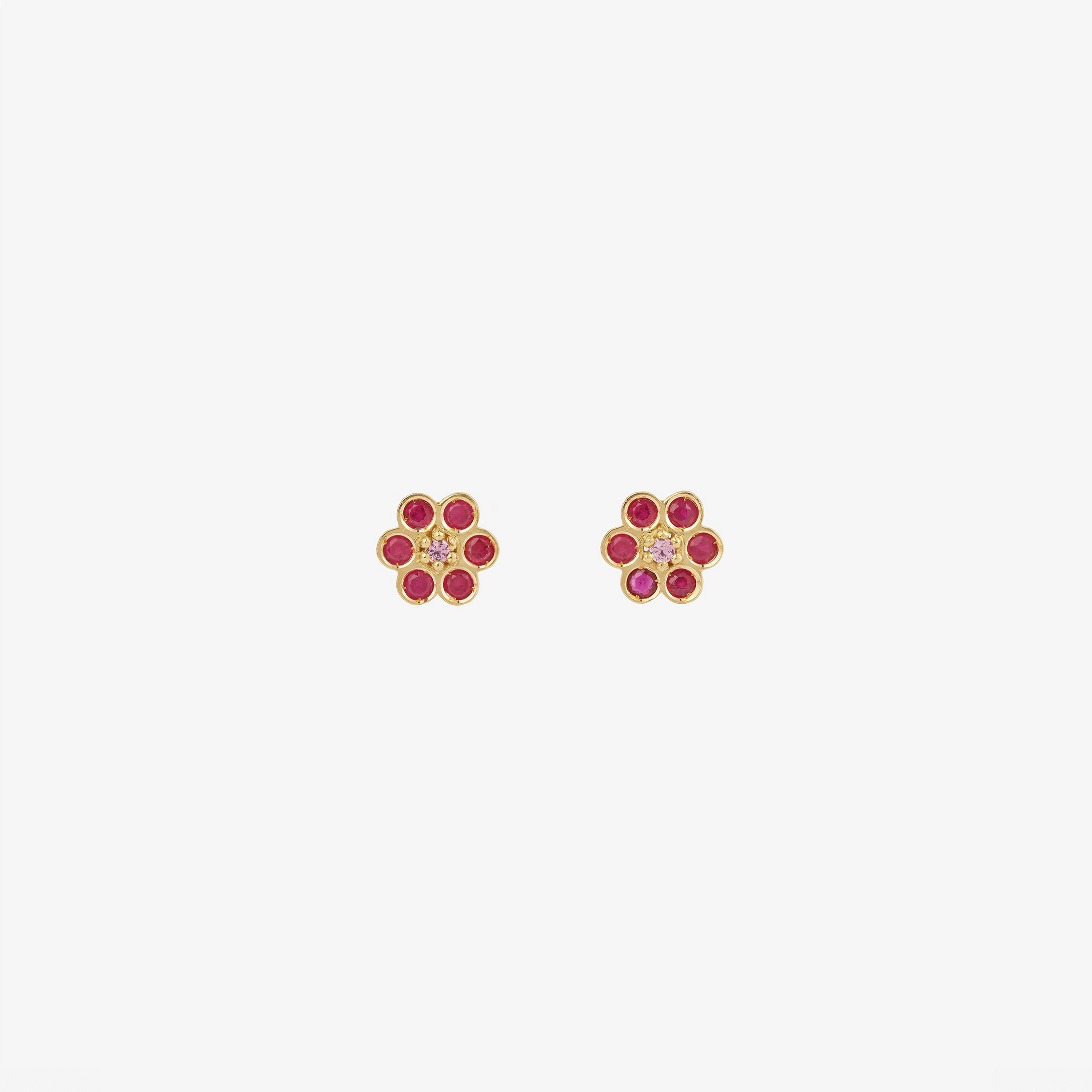 Puces d'oreilles Miniflower 1 rouges, or jaune, rubis et saphirs roses face