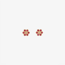 Charger l&#39;image dans la visionneuse de la galerie, Puces d&#39;oreilles Miniflower 1 rouges, or jaune, rubis et saphirs roses face
