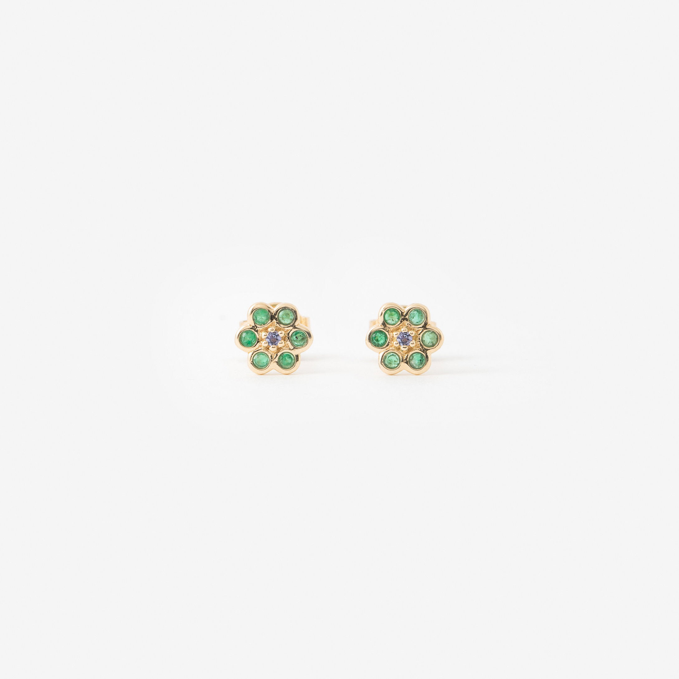 Puces d'oreilles Miniflower 1 vertes, or jaune, émeraudes et saphirs bleus face
