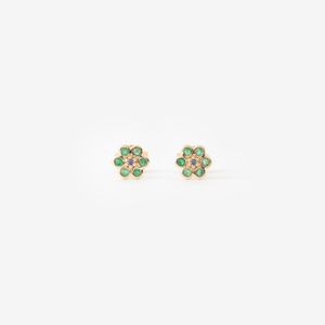 Puces d'oreilles Miniflower 1 vertes, or jaune, émeraudes et saphirs bleus face