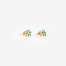 Load image into Gallery viewer, Puces d&#39;oreilles Miniflower 1 vertes, or jaune, émeraudes et saphirs bleus profil
