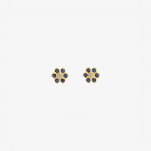 Puces d'oreilles Miniflower 4 bleues, or jaune, saphirs bleus et diamants champagne face