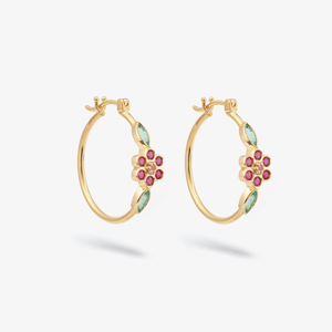 Boucles d'oreilles créoles Miniflower or jaune, rubis, émeraudes et saphirs rose profil