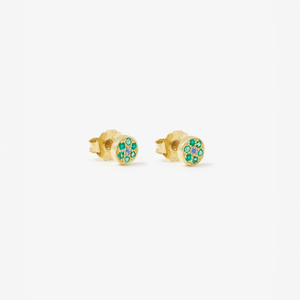 Puces d'oreilles Miniflower vertes, or jaune, saphirs bleus et émeraudes profil