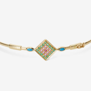 Bracelet jonc Sasha or jaune, émeraudes, saphirs roses, rubis et turquoises détail